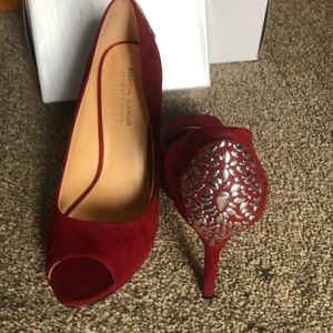 Badgley Mischka red suede bling peep toe pumps